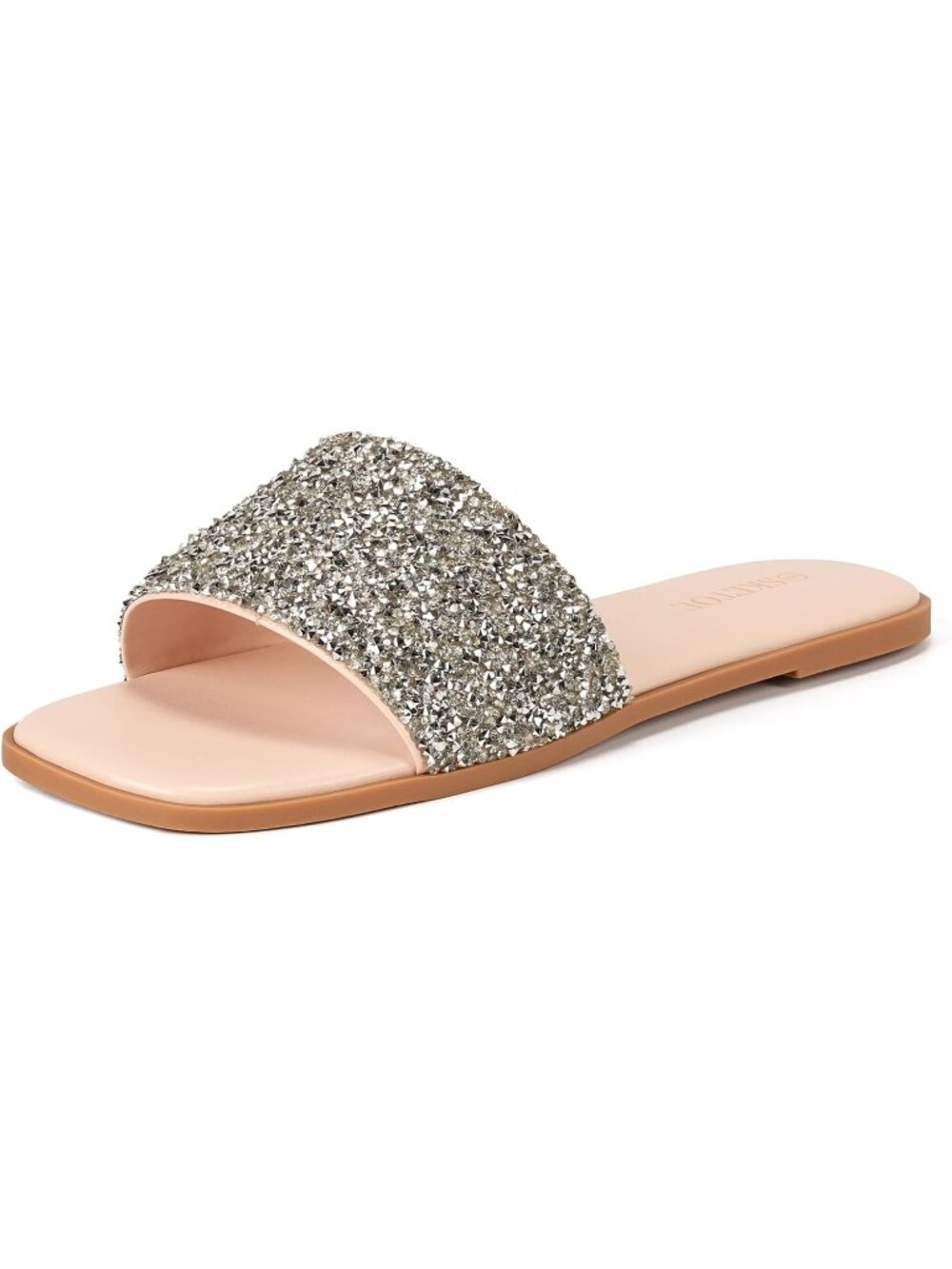 Women's Nude Sparkly Rhinestone Flats Square Open Toe Slip on Summer Beach Shoes